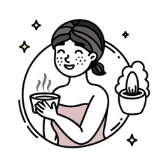 Young woman enjoying a warm beverage and facial steam for relaxation and self care
