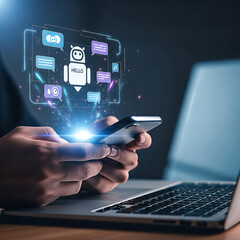 AI Chatbot Interface on Smartphone with Laptop in Dark, Futuristic Setting