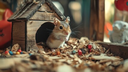 Mouse in wooden house with toys, blurry background, suitable for children content