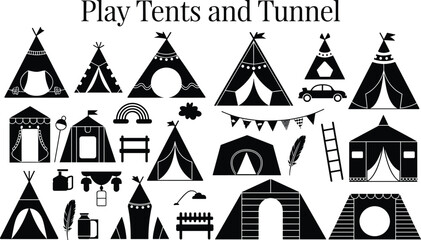 Play tents and tunnel silhouette set, kids indoor outdoor camping toys, teepee dome canopy, accessories for children playtime, vector illustration © Sumia Art