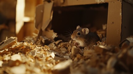 A mouse seeks shelter amid wood scraps indoors, great for nature and small animal themed content