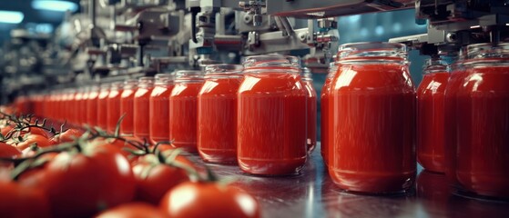 The Tomato Sauce Jars Moving Along an Industrial Food Processing Production Line