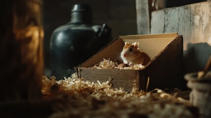 Mouse in wooden box on shavings, with jar in dark barn or storage setting