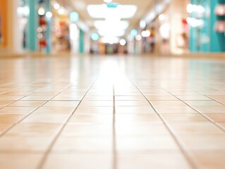 Obraz premium A blurred view of a tiled floor in a shopping mall, emphasizing depth and ambient lighting, creating a sense of movement.