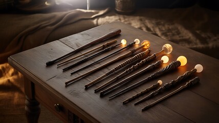A collection of magical wands with glowing tips arranged on a wooden table, evoking fantasy and enchantment