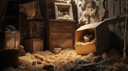 Rodent in box amid wood shavings in a cluttered room, for pet adoption or animal shelter concepts