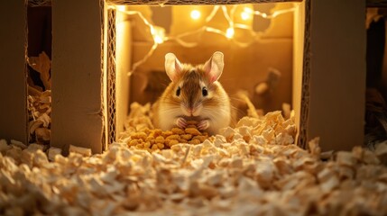 Mouse eating food inside a cardboard box with lights. Use pet, holiday, background