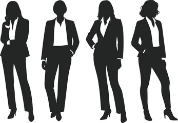 Business people silhouette, professional team in suits, corporate fashion, confident posture, formal attire, workplace diversity, vector illustration, isolated on white