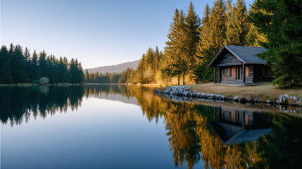 Fototapeta premium Scenic Mountain Cabin Beside Calm Mirror Lake Surrounded by Pine Forest at Dawn with Stunning Reflections in Peaceful Natural Setting