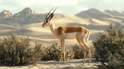 Gazelle stands in arid desert with sand dunes and mountains, for wildlife visuals