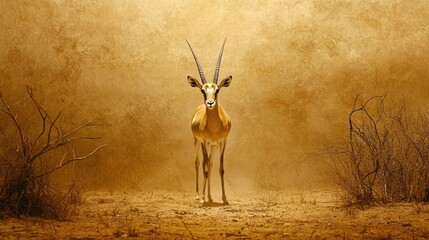 Antelope stands in dust storm in dry terrain. Background of twigs in desert use