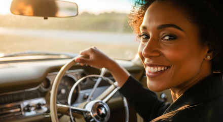 Black woman smiling behind the wheel of a retro car joyful vintage driving experience — happiness, lifestyle, and travel freedom