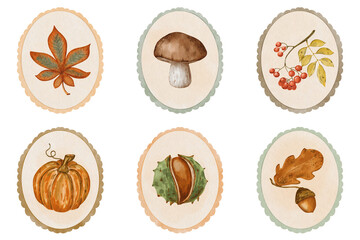 Watercolor autumn illustration set with fall leaves, pumpkin, mushroom, acorn and berries — cozy seasonal collection in ellipse frames