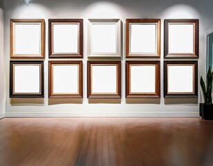 a gallery wall with ten empty square frames ideal for showcasing artwork or photography