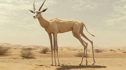 A horned animal stands in a desert landscape; dry ground, sparse bushes, sandy plains