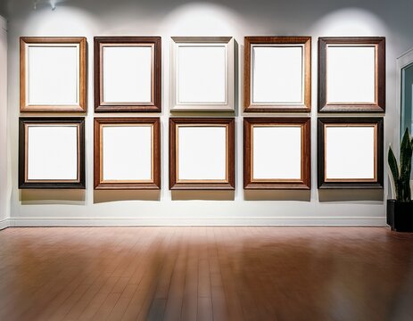 a gallery wall with ten empty square frames ideal for showcasing artwork or photography