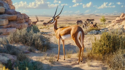 Antelope stands near rocks in desert; others graze in a vast arid landscape