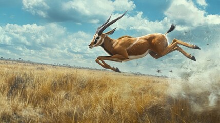 Antelope leaps over dry grass in savanna with cloudy sky. For wildlife or nature