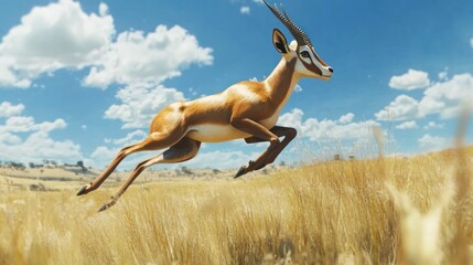 Antelope jumping over grass field in daylight with blue skies and white clouds behind