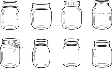Glass jar vector set, transparent containers, decorative lids, ribbon accent, kitchen storage, packaging design, hand-drawn style, clipart illustration, isolated elements