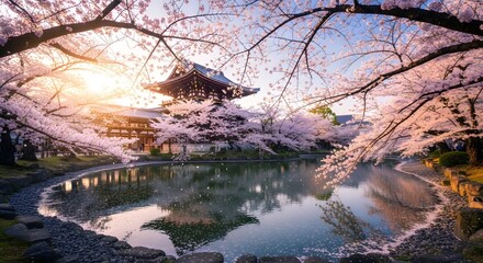 Sakura blossoms in full bloom near a serene temple pond