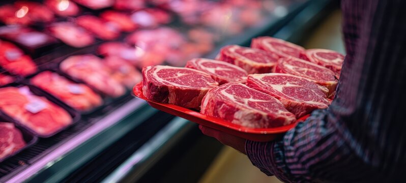 The Steak Tray Held by Shopper Over a Supermarket Meat Display