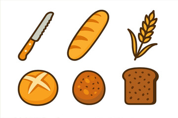 Set of baked goods icons featuring bread, knife, and wheat stalk elements