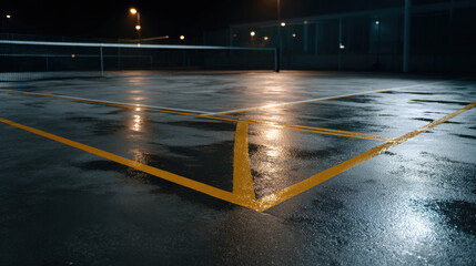 Serene Tennis Court at Night After Rain with Shiny Surface and Bright Lines Illuminated by Streetlights