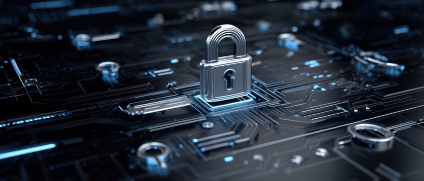 The Padlock on a Futuristic Circuit Board Representing Digital Cybersecurity, Data Protection and Network Integrity - Powered by Adobe