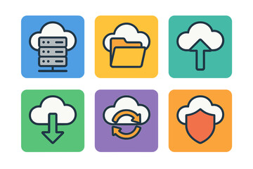 Cloud computing service icons featuring server, folder, upload, download, sync, and security symbols