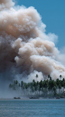 Fototapeta premium Smoke plume remote island palm trees coastline boats