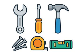 Basic set of hand tools including wrench screwdriver hammer nails tape measure and level