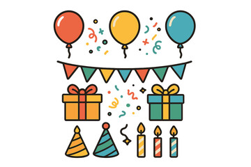 Vibrant collection of birthday party icons featuring balloons and wrapped presents