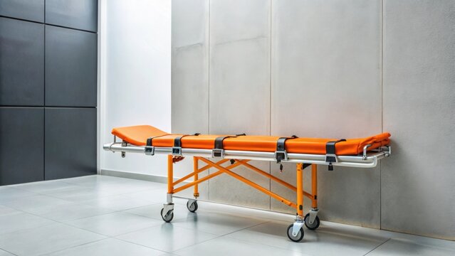 Orange foldable stretcher leaning against hospital wall