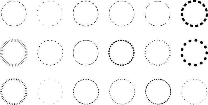 Dotted circle. Round dotted circle set, dotted line circle frame, circle shapes with dots dashed lines, circle line shapes or border hand drawn