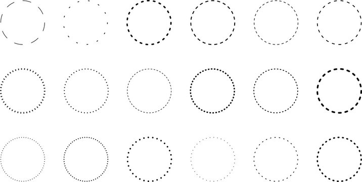 Dotted circle. Round dotted circle set, dotted line circle frame, circle shapes with dots dashed lines, circle line shapes or border hand drawn