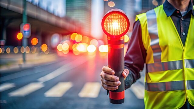 Person Holding a Glowing Red Traffic Baton at Night