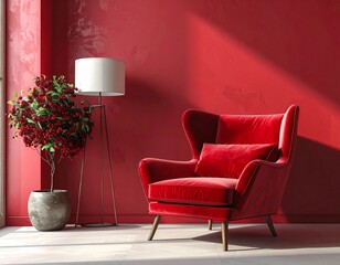 Cozy Red Living Room with Armchair and Lamp