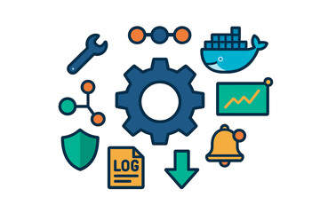 Software development and system management icons set with gear and container ship