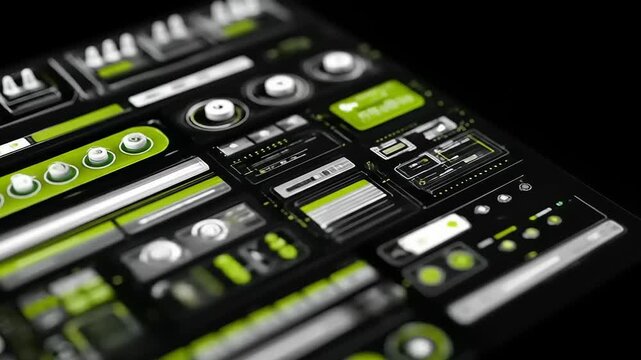 Futuristic interface with glowing neon green elements on black surface background