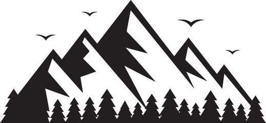 Mountain silhouette vector icon Nature landscape with pine forest and flying birds Outdoor adventure travel and hiking logo