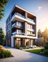 Fototapeta premium New modern block of flat, condo architecture. Residential apartment flat, luxury house complex. City real estate property
