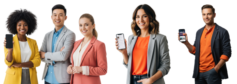 group of young business people showing smartphone screen isolated on white or transparent background