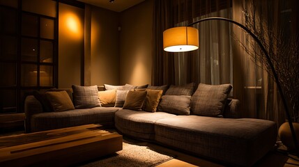 Modern luxury living room with beautifull sofa and couch , light lamp and flower pot with unique curtains 