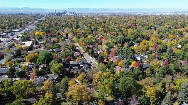 Autumn aerial of Denver east-central neighborhoods with vibrant fall foliage, mid-century homes, tree-lined streets, two major roads street converging toward distant skyline and Rocky Mountains