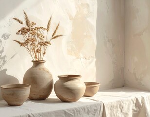 Earthy Ceramic Vases and Dried Flowers Still Life