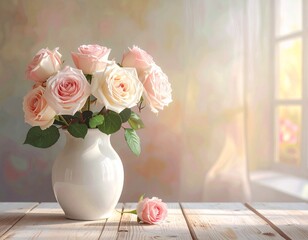 Roses in a Vase on a Wooden Table