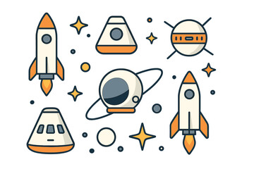 Set of stylized space exploration icons featuring rockets and capsules © icon_art
