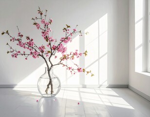 Cherry Blossom Branch in Glass Vase with Sunlight