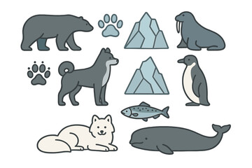 Collection of Arctic and Antarctic animal icons with icebergs and paw prints